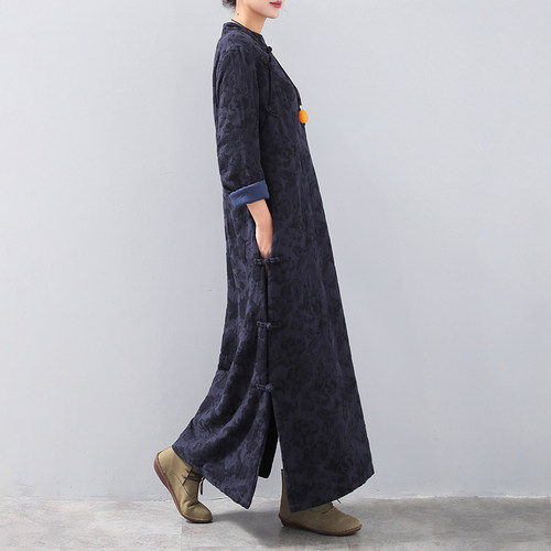 复古棉麻提花民族风连衣裙长袍子