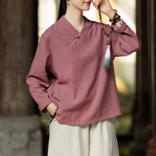 棉麻衬衫女款复古盘扣文艺上衣T恤长袖衬衣新中式禅意茶服太极服