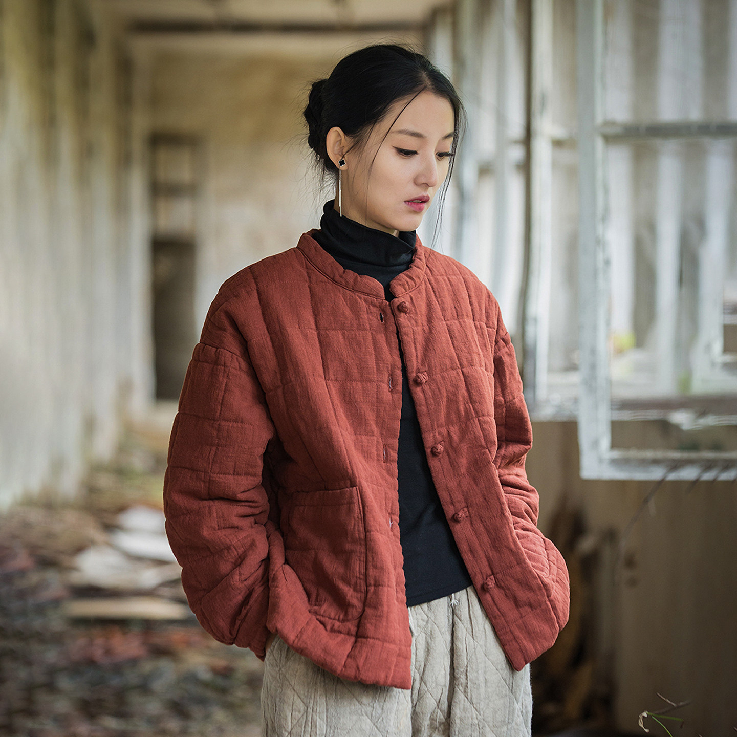 苎麻复古新中式棉服女冬2025新款夹棉加厚保暖棉衣茶服棉麻短外套