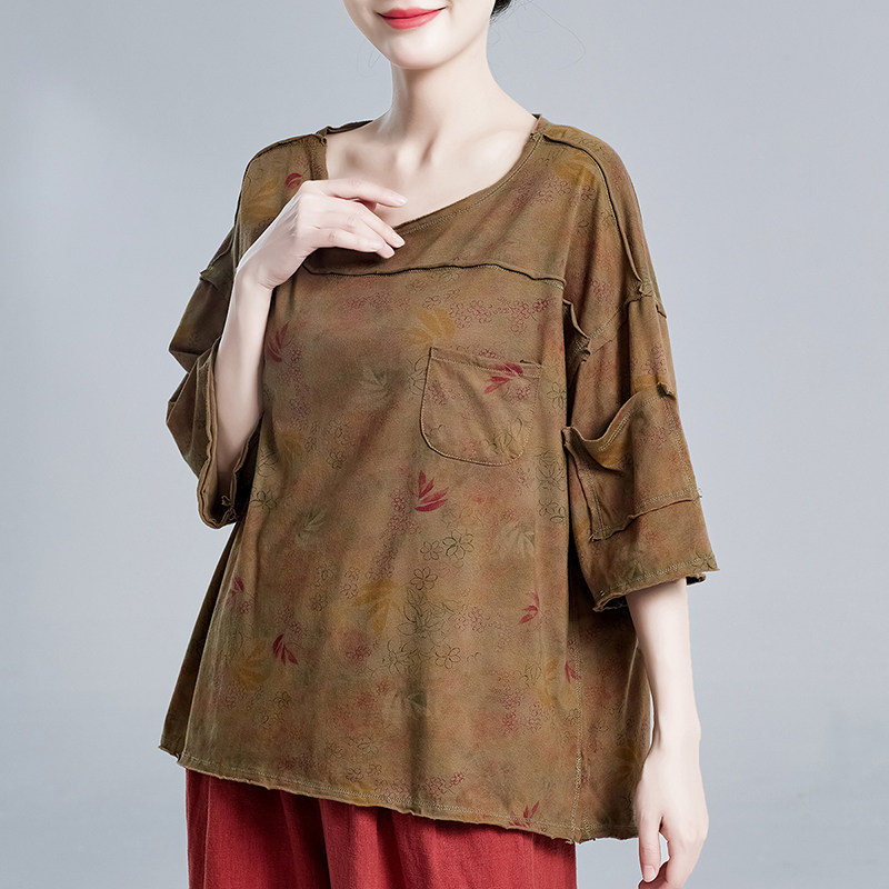 文艺短袖t恤女春秋2023新款做旧宽松复古女装数码印花高级感上衣高性价比高么？