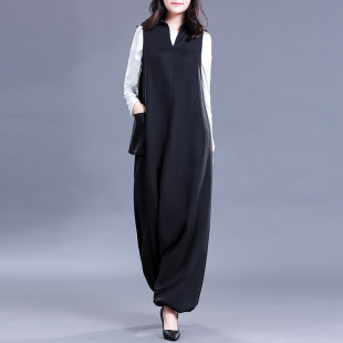 女2026新款 复古灯笼裤 春秋韩版 品牌连衣裤 宽松无袖 亚麻黑色连体裤