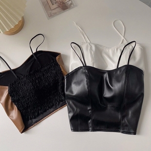 欧美辣妹pu皮衣吊带小背心女内搭带胸垫短款 上衣ins潮春秋 打底衫