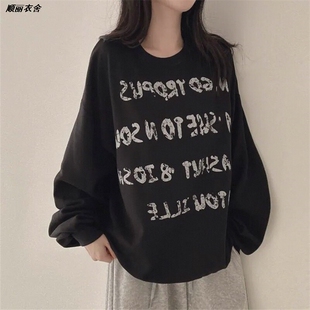 秋装春套头绿色女卫衣韩国圆领薄款宽松东大门上衣服休闲新款加绒