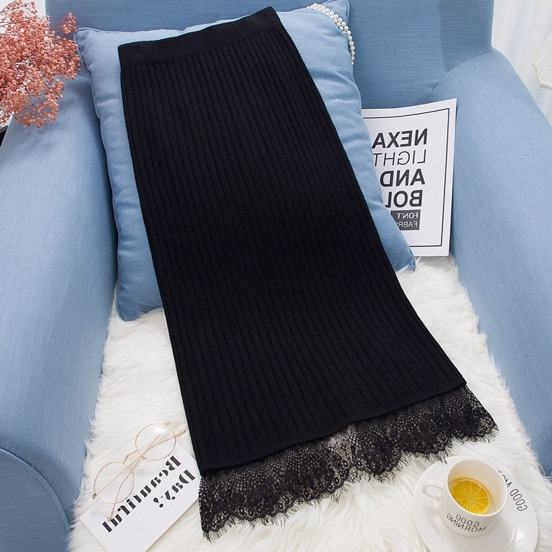 针织半身裙女秋冬新款2025韩版时尚高腰显瘦中长款蕾丝开叉包臀裙