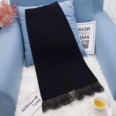 针织半身裙女秋冬新款2025韩版时尚高腰显瘦中长款蕾丝开叉包臀裙