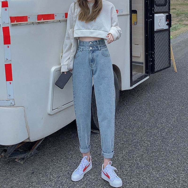 高腰双扣哈伦牛仔裤女春秋季2026年新款宽松高腰显瘦萝卜老爹裤子,女装/女士精品,牛仔裤,淘宝优惠券,粉丝福利购,淘宝优惠卷