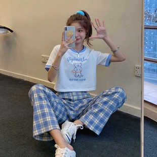单/套装夏装新款学生韩版宽松短款T恤女格子休闲阔腿直筒裤两件套