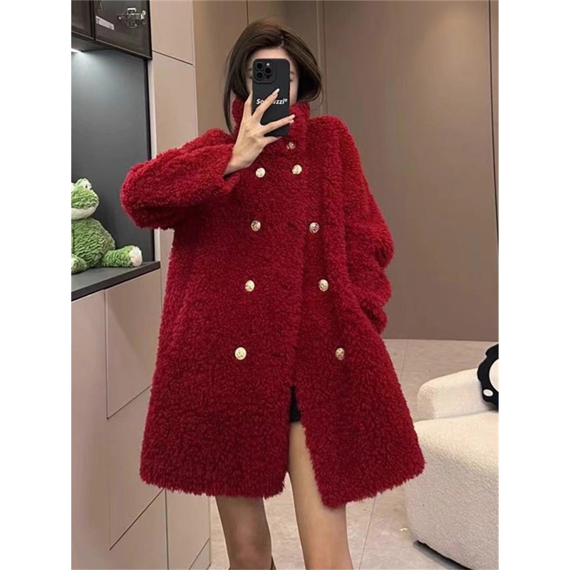 羊羔毛绒外套女冬2025新款皮草宽松加厚中长款皮毛一体颗粒绒大衣