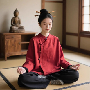 打坐禅服复古斜襟盘扣棉麻禅修服女套装秋季款居士服女士修行素衣