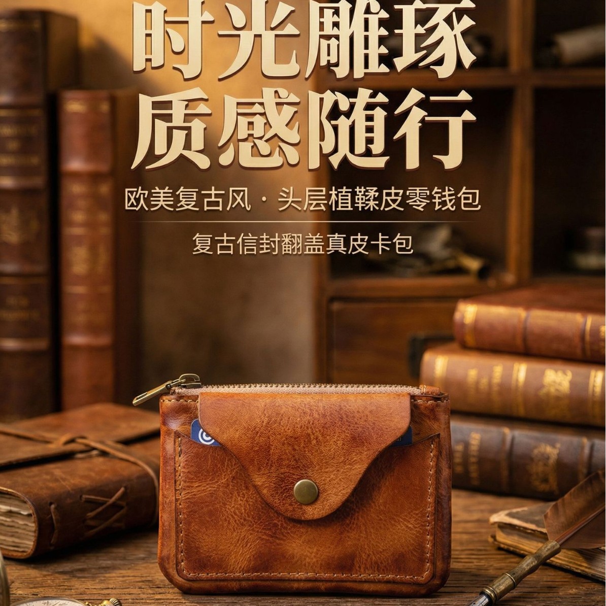 新品teum新款超薄简约按扣零钱包头层牛皮卡包手工擦色复古硬币