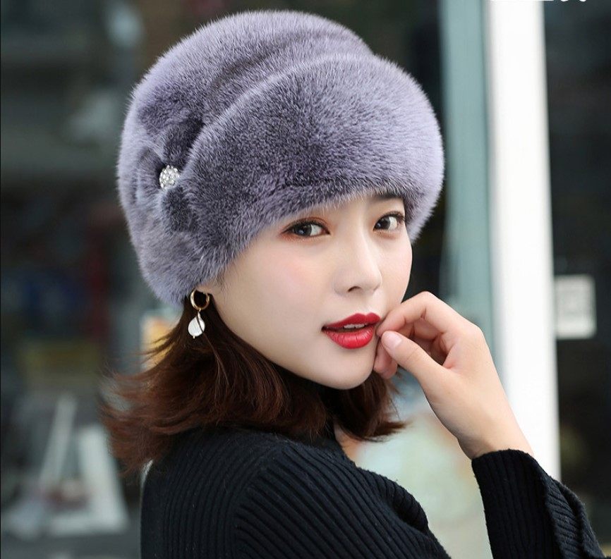 进口整张水貂毛帽子女士冬天皮草礼帽加厚保暖户外休闲炫紫色时尚