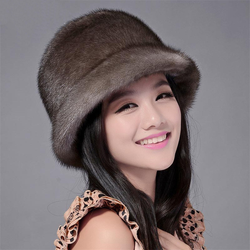进口水貂帽子女士中老年人帽冬天整貂皮妈妈帽盆帽黑色太阳帽礼帽