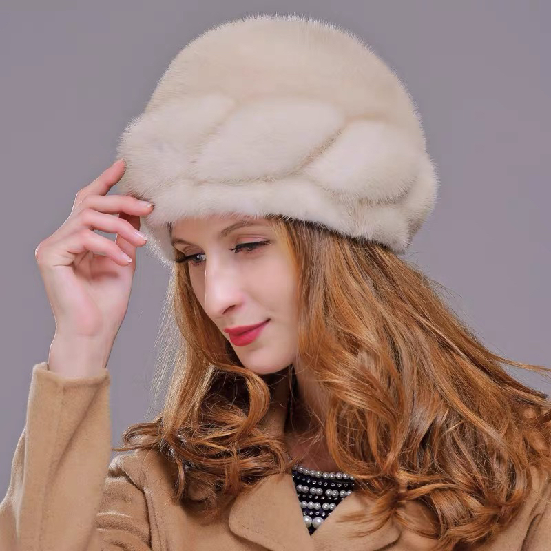 进口新款水貂皮帽子女士冬加厚保暖渔夫贝雷帽整貂真皮草时尚礼帽