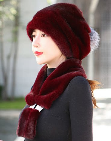 进口新款水貂皮草女帽子冬季整貂礼帽狐狸毛球保暖护耳加厚冬天帽
