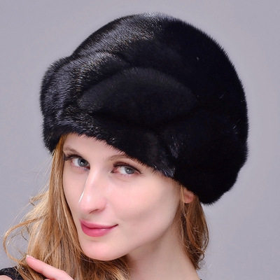 进口貂皮草帽子女冬天水貂毛礼帽时尚保暖帽中老年整貂包头渔夫帽