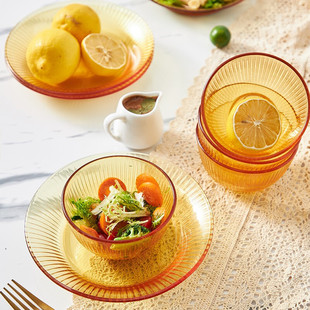 美国康宁玻璃餐具碗盘套装 晶致琥珀色家用沙拉饭碗碟耐高温泡面碗