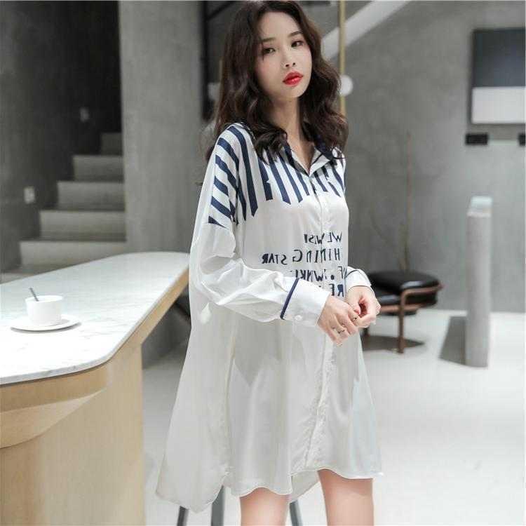 男友风白衬衫睡衣女夏季薄款性感长款宽松大码BF慵懒风春秋睡裙春