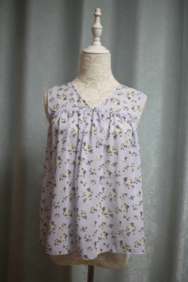 日系甜美淡蓝色碎印花轻薄单层无袖雪纺衫娃娃衫上衣衬衣女装夏款