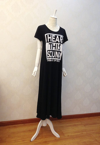 外贸日本原单街头个性潮黑色字母短袖休闲宽松长款连衣裙T恤长裙