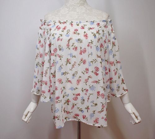 日本单碎花印花两穿露肩宽松短袖一字领雪纺衫上衣衬衣罩衫女夏款