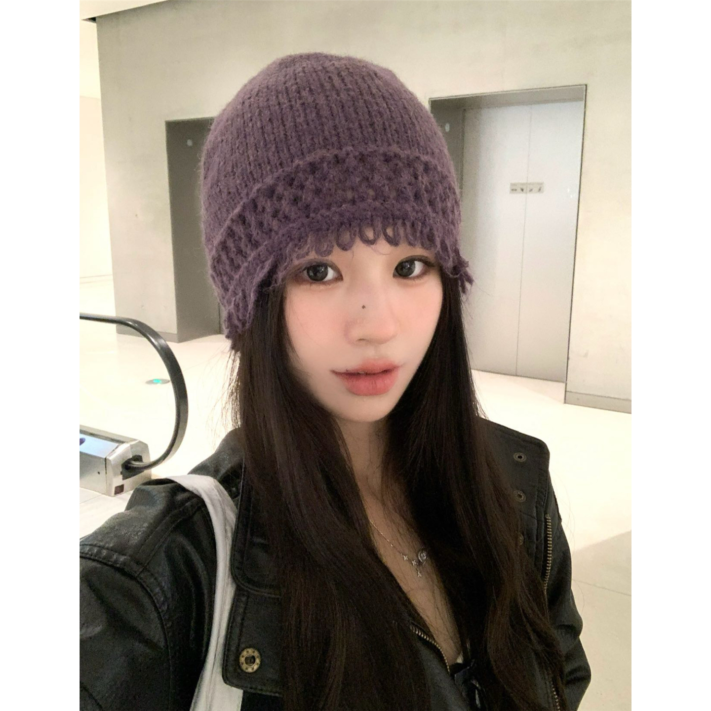时髦加分~高级梦幻紫镂空羊毛混纺针织冷帽秋冬显脸小包头堆堆帽