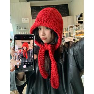 韩代~新年红手工粗毛线棒针帽子围巾一体女羊毛护耳巴拉克拉法帽