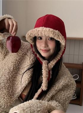 韩国ins百搭护耳红色毛毛雷锋帽女冬季保暖显脸小骑车绑带飞行帽