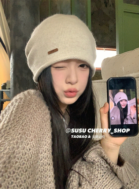 出口日韩~极简羊毛文艺堆堆帽女秋冬护耳显脸小针织套头冷帽