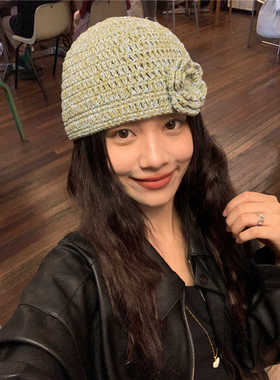 好爱！敲出片~小众温柔气质花朵针织帽秋冬混线手钩毛线套头帽子