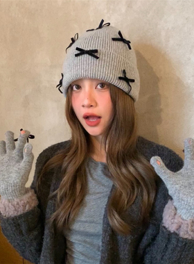 太甜了！蝴蝶结针织兔毛毛线帽子女秋冬ins甜美加厚保暖冷帽