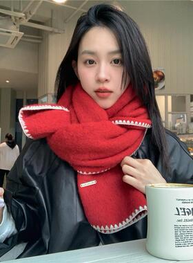 好显白~节日红色手工锁边羊毛围巾女冬季小香风加大保暖披肩围脖