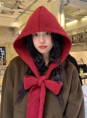 加大显脸小！复古红色显白针织巴拉克拉法帽子围巾一体系带毛线帽