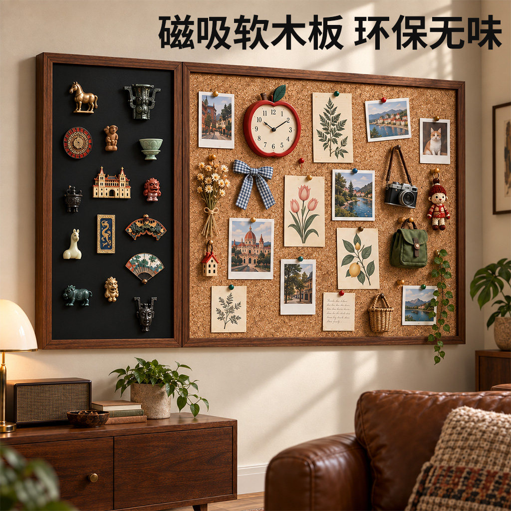 高级感实木框软木板黑板照片墙
