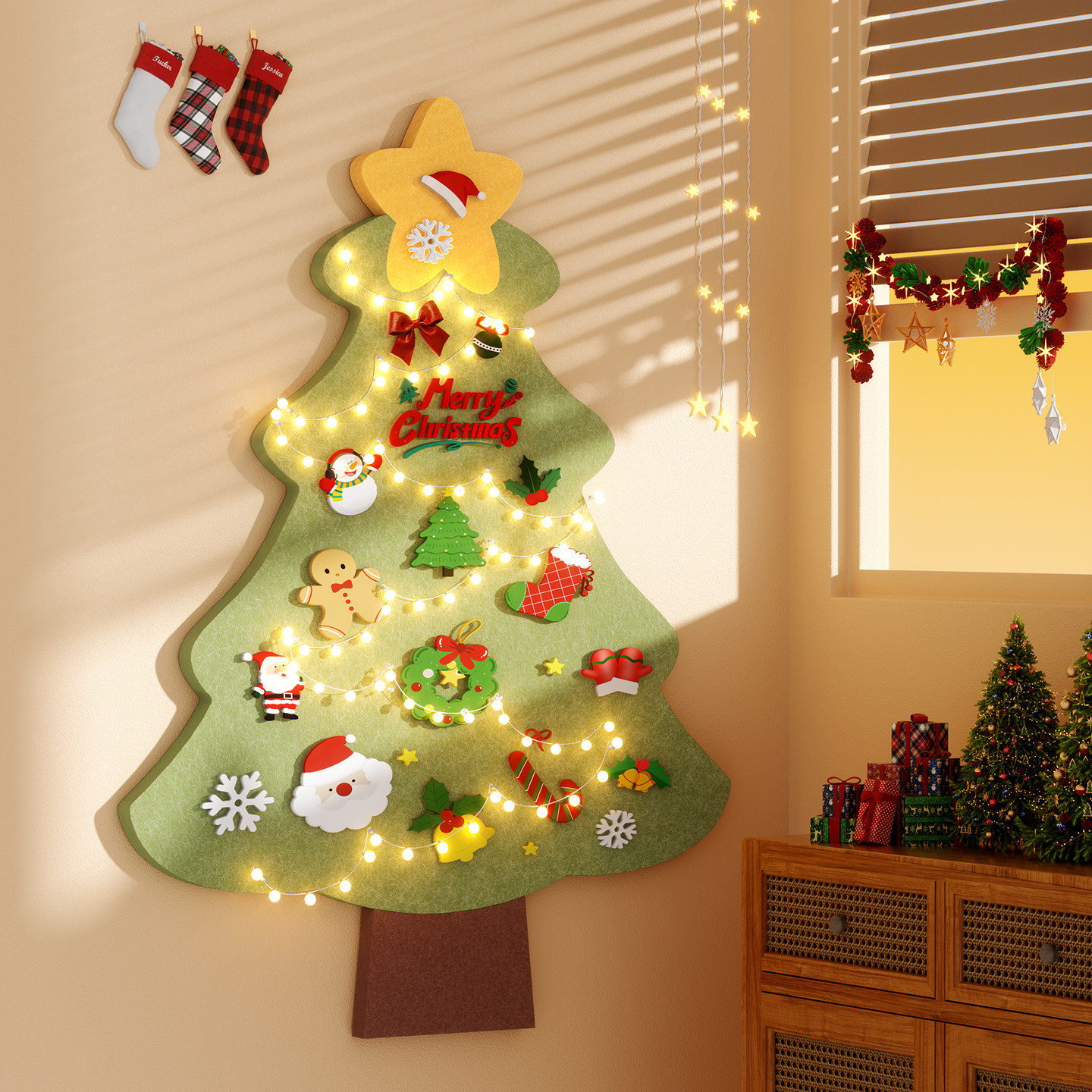 圣诞树毛毡板儿童手工创意作品展示背景板软木板展示墙面装饰毛粘板高