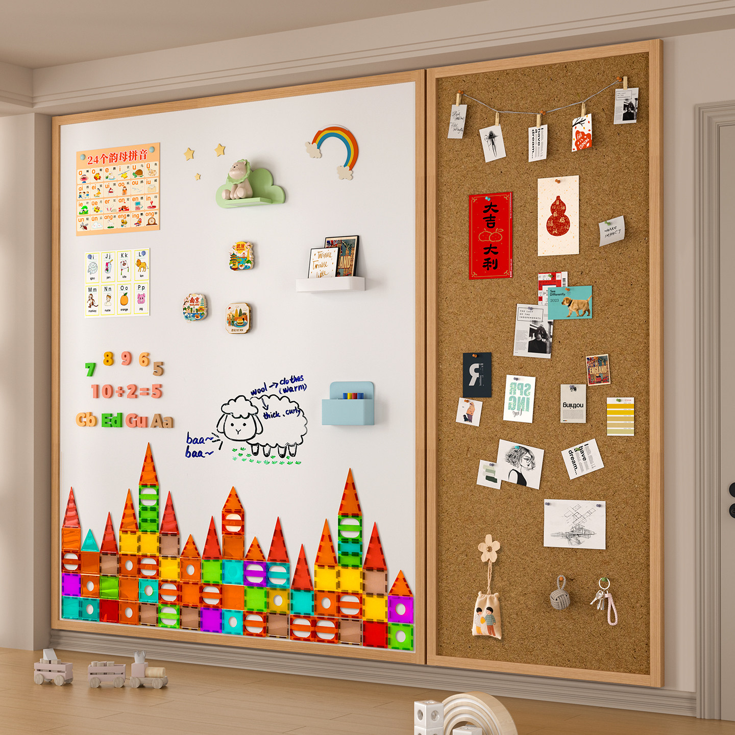 磁吸白板珐琅板照片墙冰箱贴展示板墙面小黑板墙贴墙板软木板组合挂墙式儿童家用教学墙可涂鸦大白板装饰木框