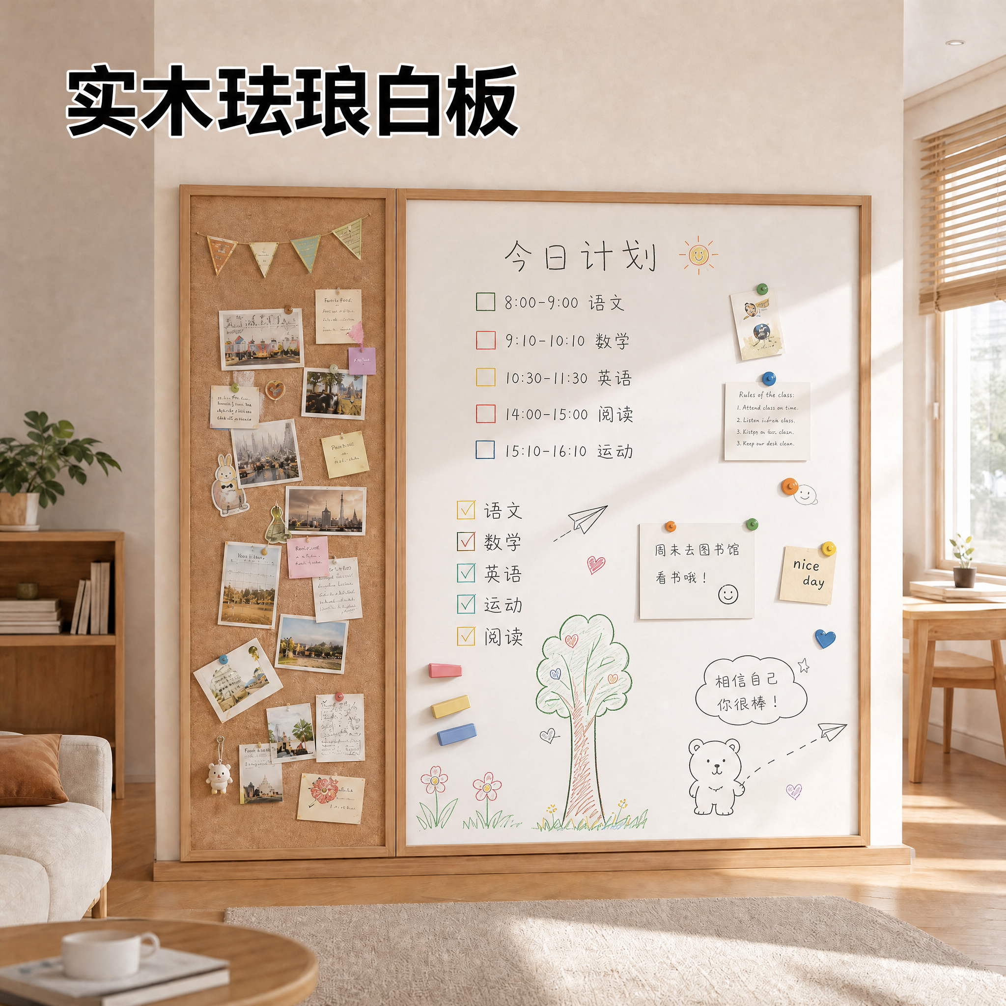 哑光珐琅白板软木框挂墙易擦写