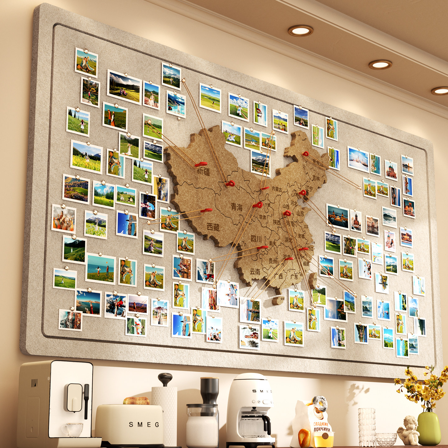 毛毡板中国地图旅行照片墙足迹打卡世界软木旅行地图标记墙版吸毛毡板墙贴幼儿园主题创意免打孔客厅墙面装饰,文具电教/文化用品/商务用品,软木板/照片板/毛毡板,淘宝优惠券,粉丝福利购,淘宝优惠卷