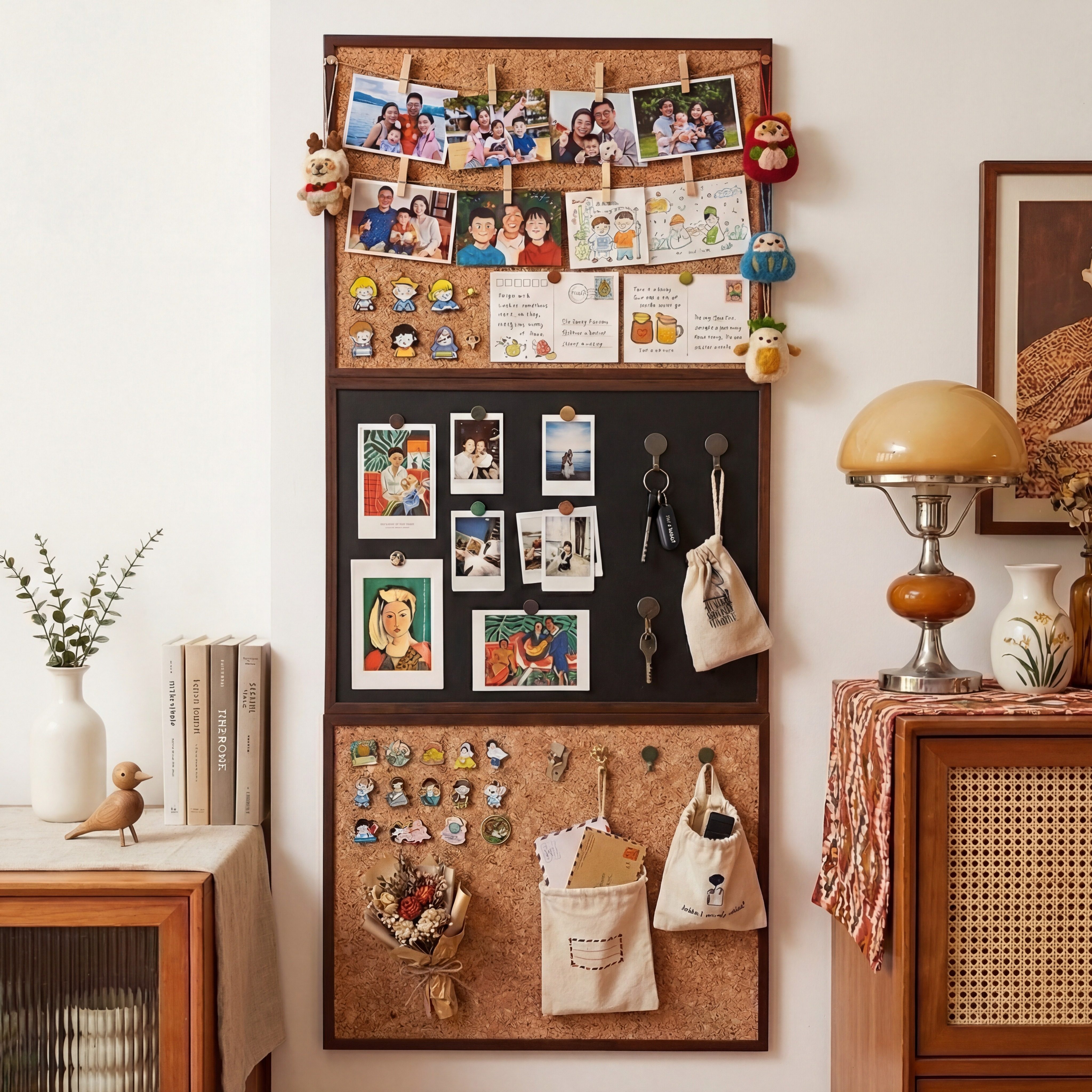 黑板软木板组合磁吸照片墙客厅创意diy背景板磁吸冰箱贴收纳卧室玄关展示板高级感装饰相片展示墙实木小尺寸