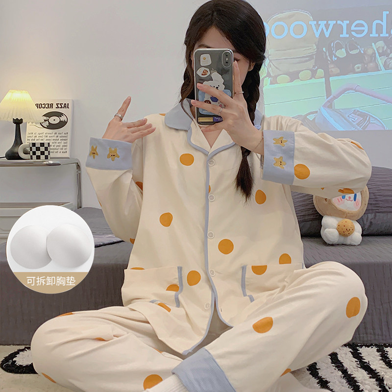 여름 산모 잠옷 가슴 패드 도트무늬 면 산후복 여성 봄 가을 임신 산모 수유 세트 9