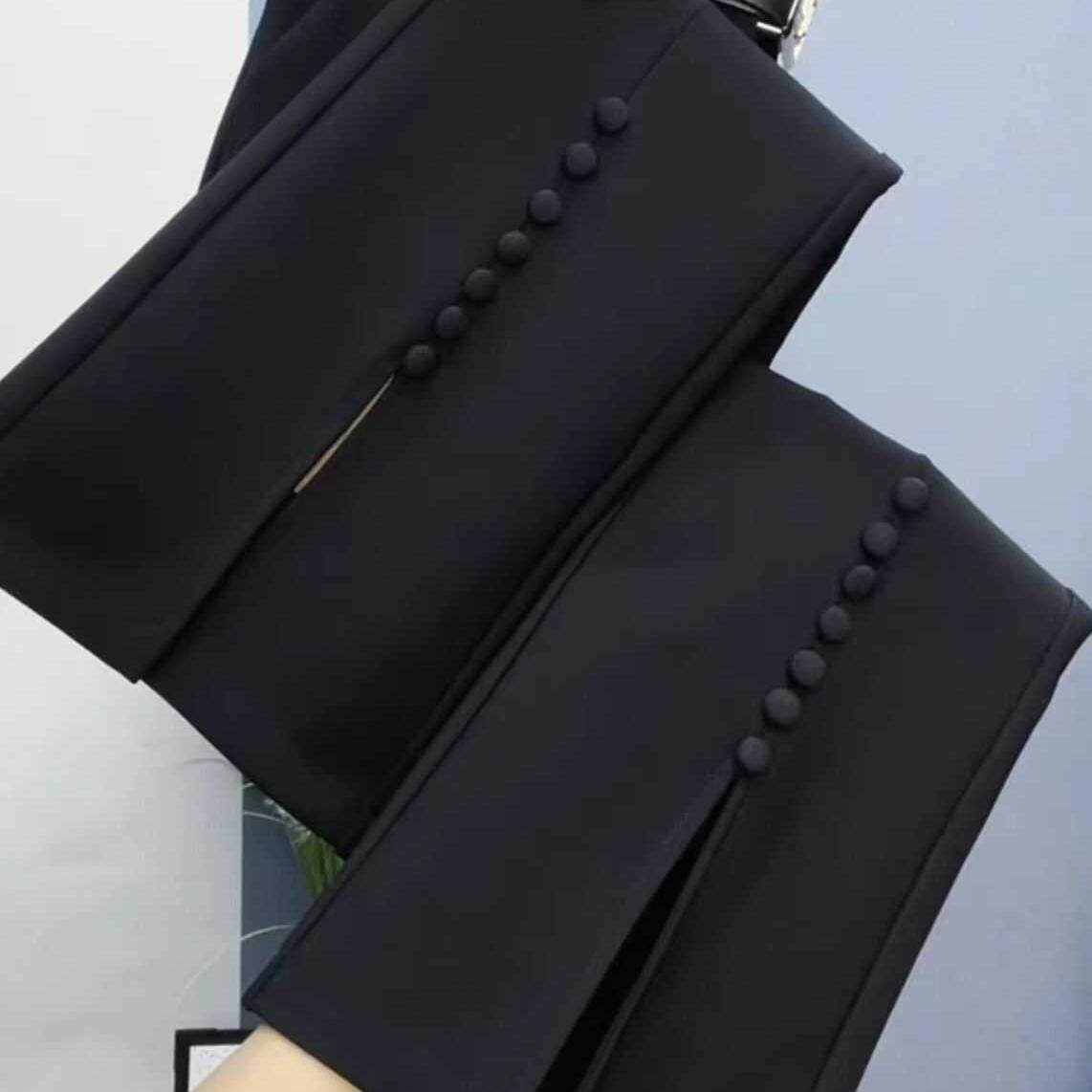 欧货九分弹力微喇裤黑色开叉排扣显瘦喇叭裤2026年春款简约时装裤