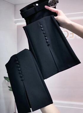 高腰开叉黑色多扣微喇裤女时装裤2024早春新款九分百搭气质西装裤