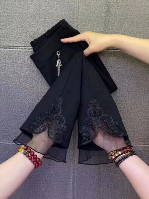 春夏高腰弹力显瘦蕾丝网纱微喇裤