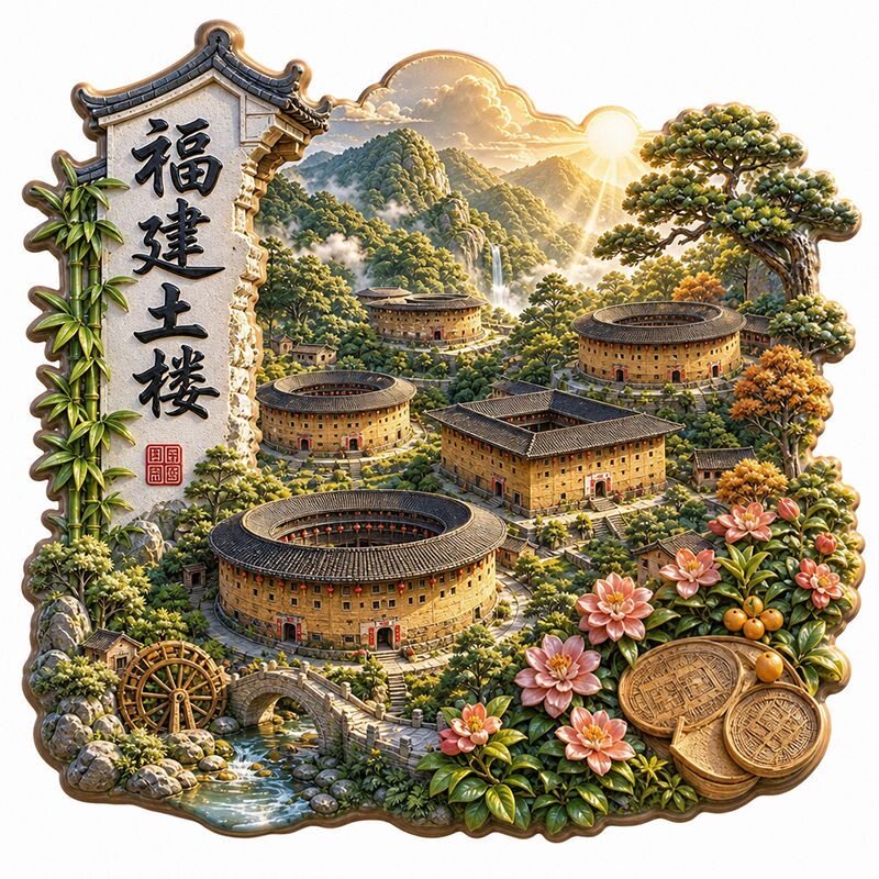 福建土楼金属冰箱贴永定南靖土楼地标浮雕磁贴旅游文创伴手礼磁吸