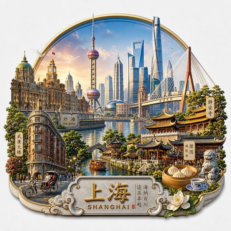 上海】网红爆款立体浮雕静安寺城市旅游金属冰箱贴景点纪念品送人