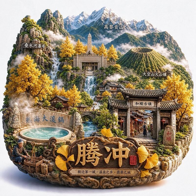 云南腾冲景点金属冰箱贴和顺古镇热海大滚锅银杏村旅游文创磁吸贴