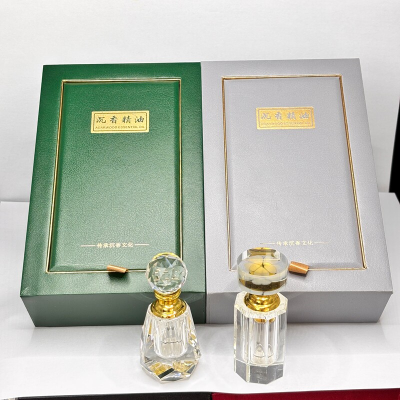 沉香精油礼盒皮革质包装LOGO印刷定制高档礼品盒绿色灰色香水瓶盒图片