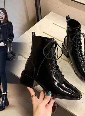 真皮粗跟系带马丁靴女网红方头短靴子女小码31 32 33大码41 42 43