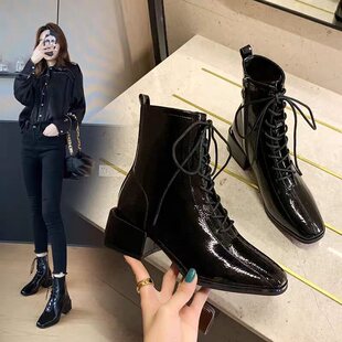 33大码 真皮粗跟系带马丁靴女网红方头短靴子女小码