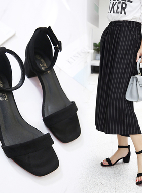 夏季小码31 32 33新款百搭黑色3CM凉鞋粗跟中跟方头大码女鞋41-43