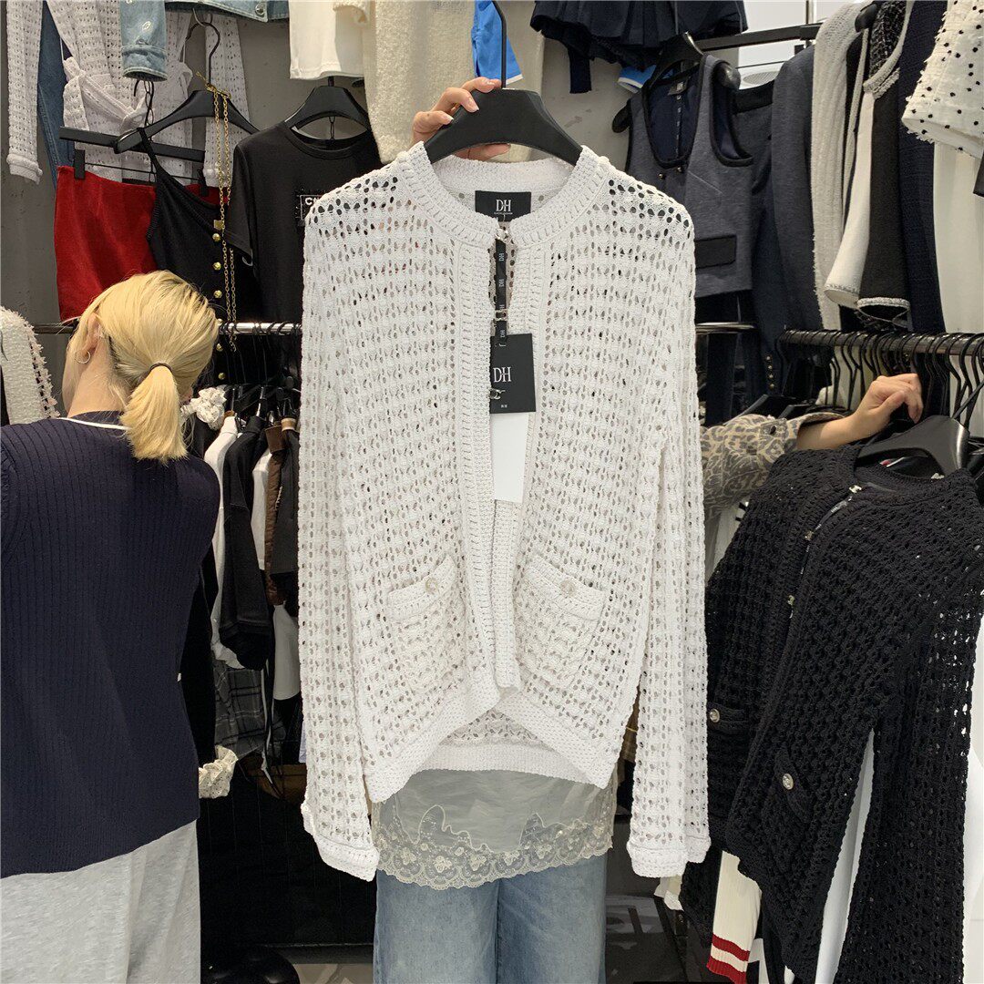 慵懒风毛衣女2026春季新款韩版圆领长袖宽松休闲百搭镂空针织开衫